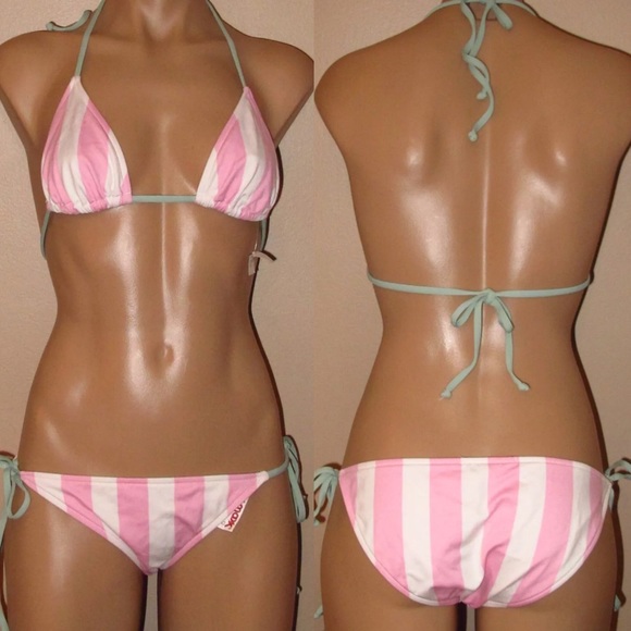 🆕 KushCush Swim Bikini Pink Stripe Printed M Tie